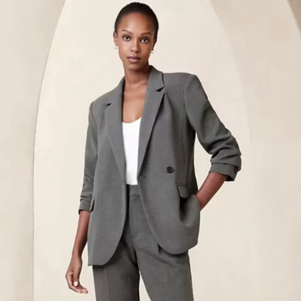 NEW Banana Republic Factory Dark Charcoal Double Weave Asymmetrical Blazer